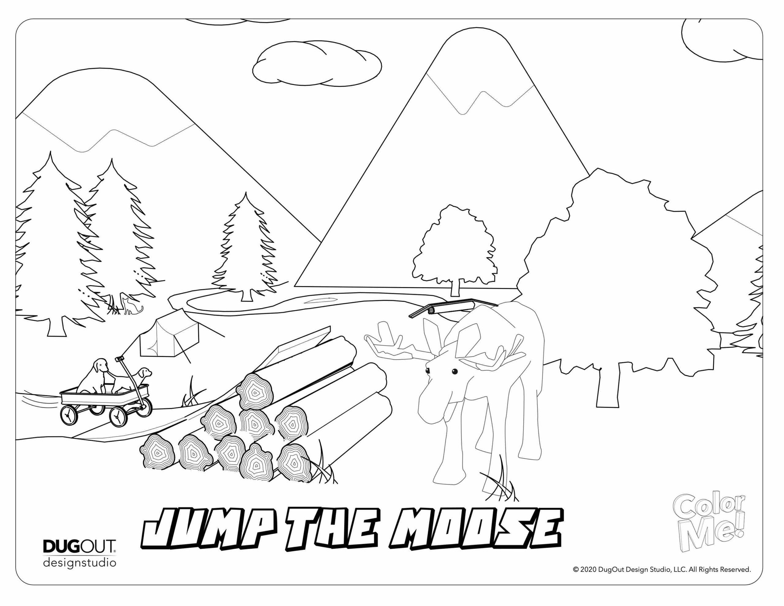 jump the moose coloring page with doggies in wagon