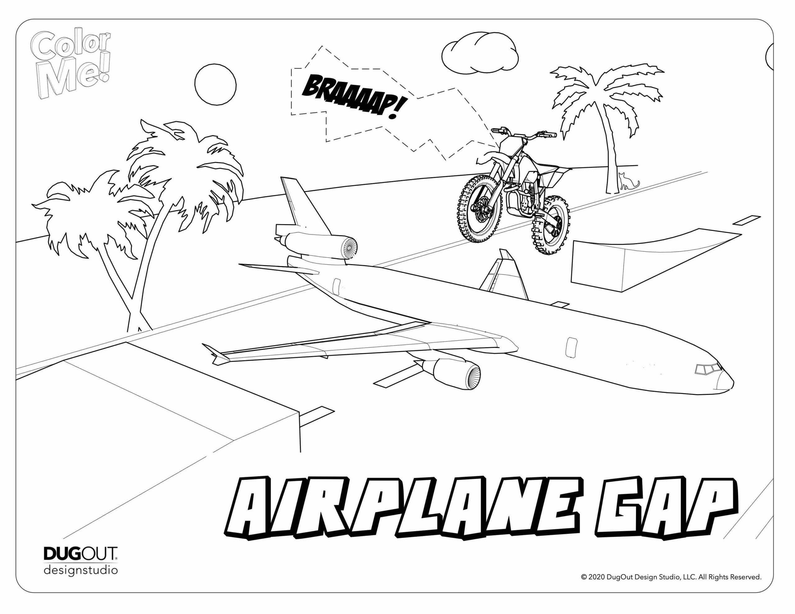 Airplane Gap coloring page with motorcycle launching over airplane