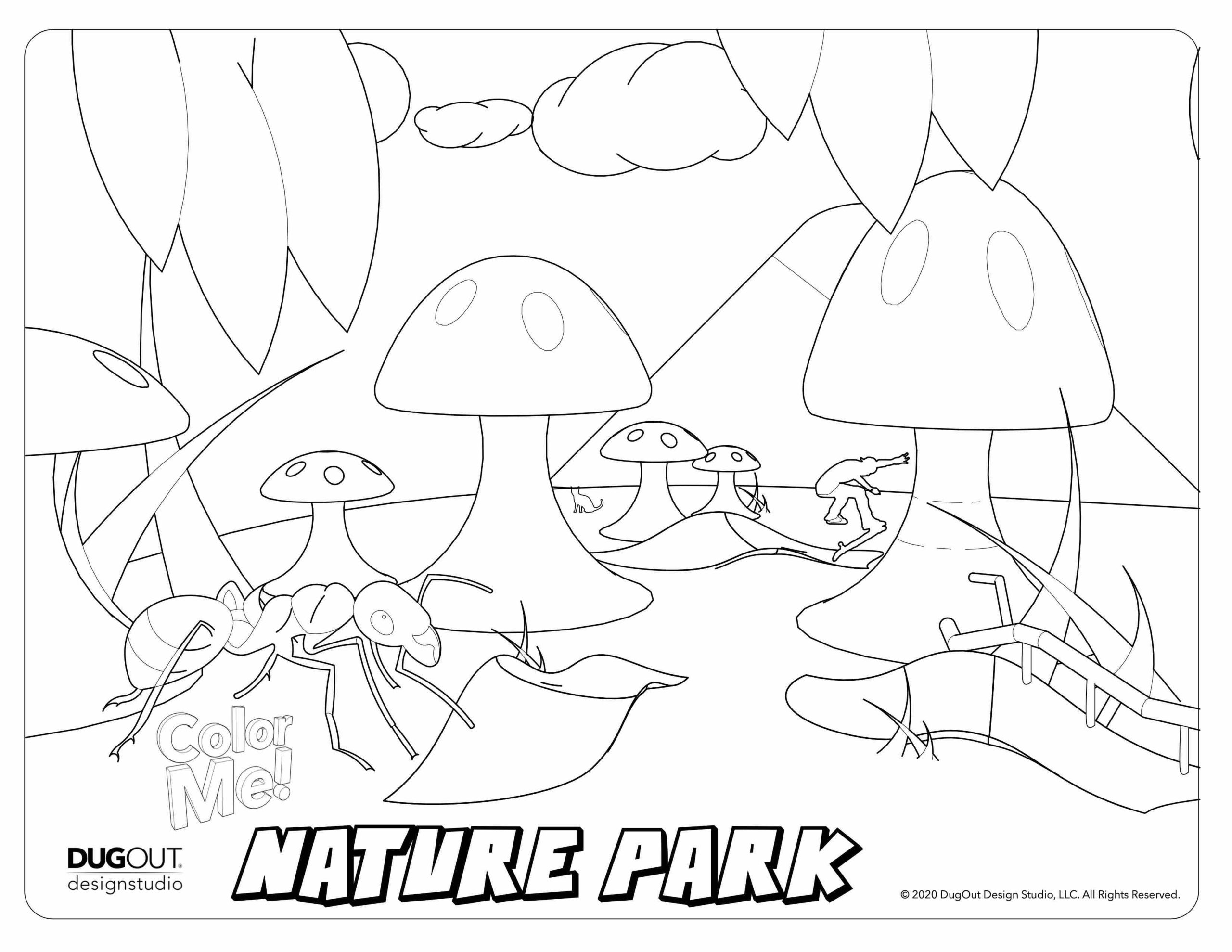 Nature park coloring page with large ant and mushrooms